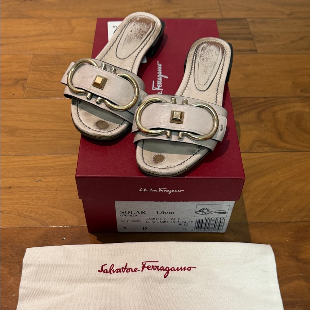 Salvatore Ferragamo Cream Slide Sandals with Gold Accents